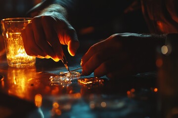 Poster - A person carefully handling glass pieces with a tool, illuminated by warm light.