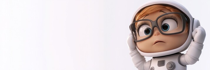 Poster - A young astronaut in a spacesuit and glasses, looking curious and thoughtful.