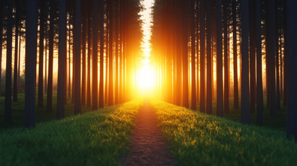 Wall Mural - Sunlit Path Through the Forest:  A golden light shines through a path in a dense forest, creating a breathtaking scene of nature's beauty and mystery. The sun's rays illuminate the tall trees.