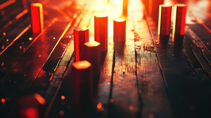 Poster - Abstract scene with glowing red blocks on a wooden surface, creating a warm, artistic ambiance.