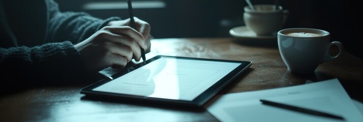Poster - A person using a tablet while enjoying coffee at a table with papers nearby.