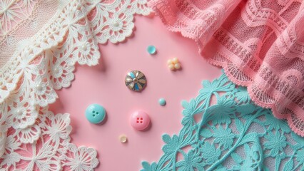 Poster - A colorful assortment of buttons and beads are arranged on a pink background
