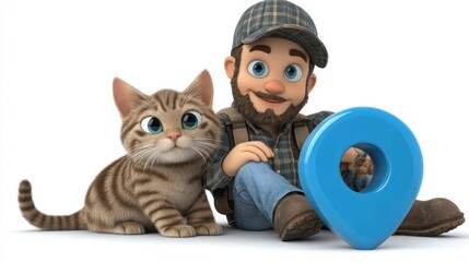 Aufkleber - A cartoon character with a cat and a location pin, symbolizing adventure and exploration.