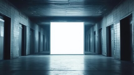 Poster - A stark corridor with a glowing white cube at the center, evoking mystery and intrigue.