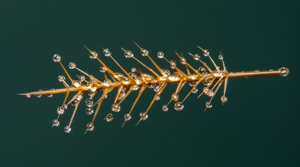 Poster - A detailed close-up of a golden plant stem adorned with water droplets.
