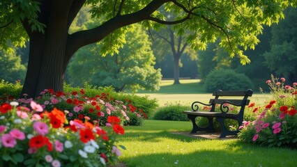 Poster - A park with a bench under a tree and flowers in the background
