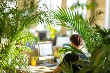 Fototapete - A workspace surrounded by lush plants, promoting a calming and productive environment.