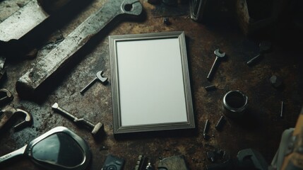 Aufkleber - A blank frame surrounded by various tools on a workbench, suggesting creativity and craftsmanship.