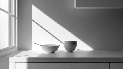 Poster - A minimalist kitchen scene featuring bowls and a spoon illuminated by sunlight.