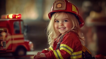 Aufkleber - A cheerful child dressed as a firefighter, smiling beside a toy fire truck.