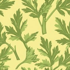 Poster - Seamless Minimal Pattern Featuring Celery Leaves on Soft Yellow Background Ideal for Fabric Design and Textile Products