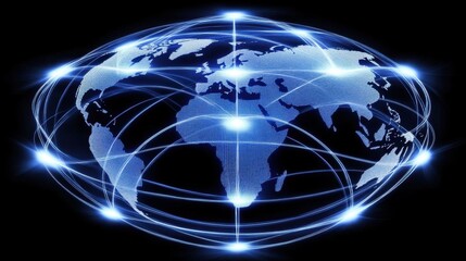 Poster - Digital Representation of a Global Network with Interconnected Nodes and Map Projection on a Dark Background for Technology and Communication Concepts