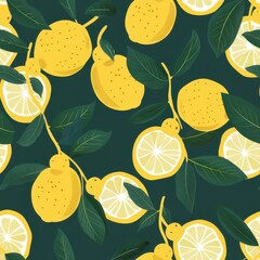 Poster - Seamless Pattern Featuring Minimalist Yuzu Fruits and Leaves on a Dark Green Background Perfect for Fabric Design and Textile Use