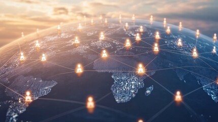 Poster - Global Network Connection with Security Symbols Illuminating the Earth at Sunset, Representing Digital Safety and Communication Across Continents