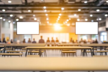 Poster - A spacious conference room set up for a presentation with empty tables and screens.