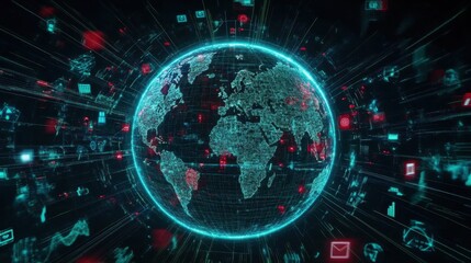 Poster - Futuristic Data Visualization of a Digital Globe Surrounded by Icons Representing Connectivity, Technology, and Global Communication in a Cyber World