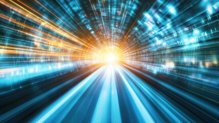 Poster - Dynamic Light Trail Representing Fast Motion and Technology in a Futuristic Tunnel Environment with Bright Rays Emphasizing Speed and Progression in a Digital World