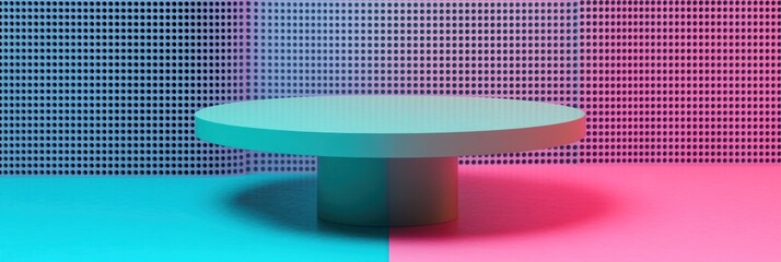 Aufkleber - A minimalist round table against a split background of turquoise and pink grids.