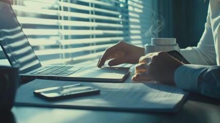 Poster - A person working on a laptop with a coffee cup, papers, and a smartphone nearby.
