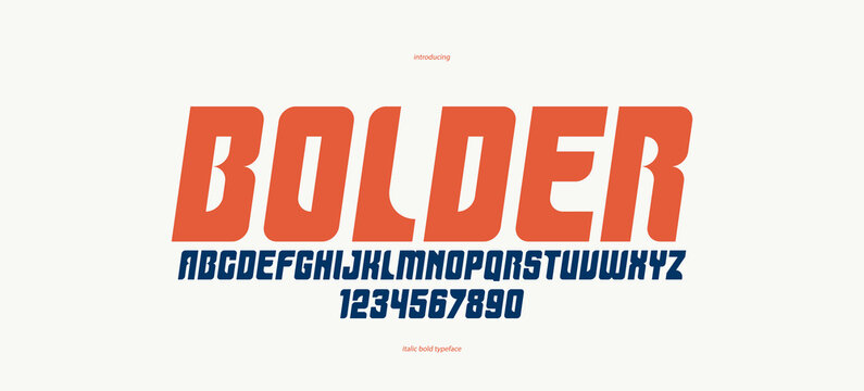 Bold simple sans serif display font for logos headers or slogans, vector italic heavy geometric typeface, uppercase letters alphabet with numbers, poster and advertising.