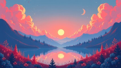 Poster - A beautiful landscape with a large mountain range and a small lake