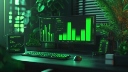 Poster - A modern workspace featuring green data visualizations and plants.