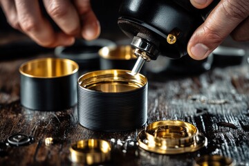 Poster - Close-up of hands assembling a mechanical device with gold and black components.