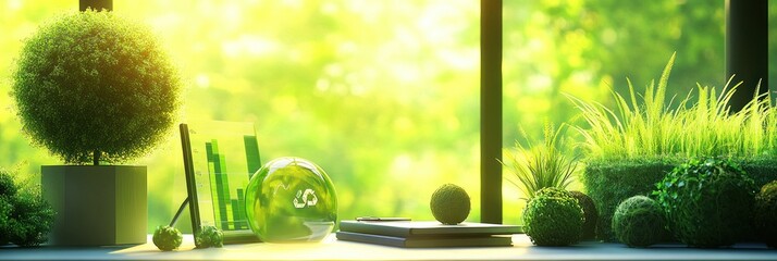 Poster - a serene workspace with plants, glass, and natural light, promoting a calming atmosphere.