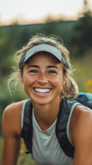 Poster - A woman with a hat on her head and a backpack on her back is smiling