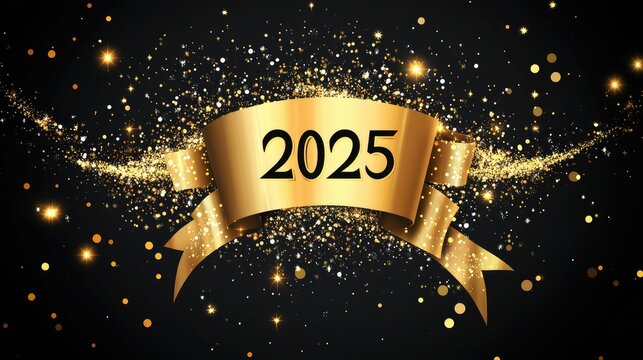 Elegant 2025 New Year logo with a gold ribbon and sparkles, emphasizing a safe and sophisticated celebration