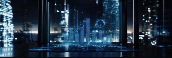 Poster - A futuristic urban landscape with digital displays and city skyline at night.