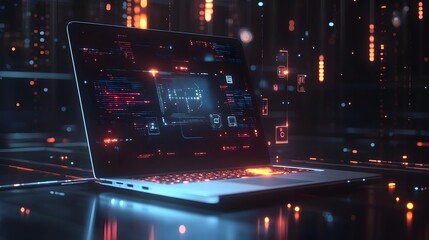 Aufkleber - A holographic interface projected from a sleek laptop, with 3D-rendered icons and 2D glowing data streams flowing around it. 4k resolution, Cinematic Scene