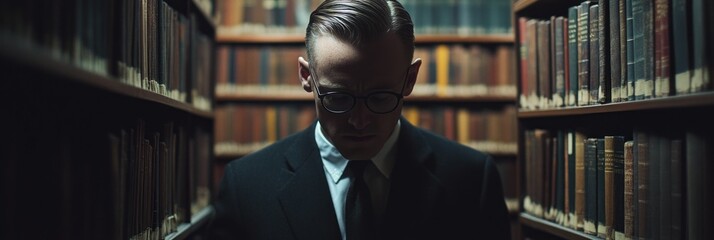 Aufkleber - A man in a suit stands in a library, surrounded by books, deep in thought.