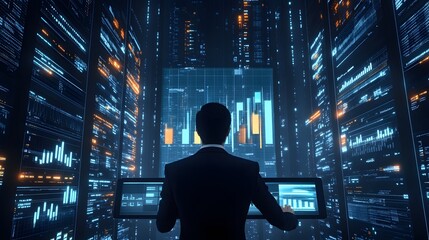 Poster - A businessman analyzing 3D-rendered bar graphs projected from a tablet, surrounded by 2D digital dashboards. 4k resolution, Cinematic Scene