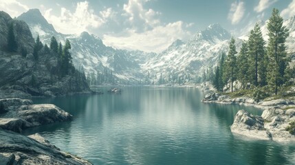 Poster - A beautiful mountain lake with snow-covered mountains in the background
