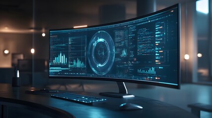 Poster - A futuristic workspace featuring a curved 3D holographic monitor displaying real-time analytics and 2D glowing user interactions. 4k resolution, Cinematic Scene