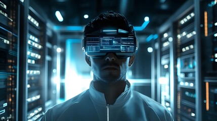 Poster - A technician wearing augmented reality glasses in a 3D data center, with 2D overlays of server diagnostics and repair instructions. 4k resolution, Cinematic Scene