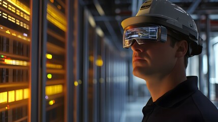 Poster - A technician wearing augmented reality glasses in a 3D data center, with 2D overlays of server diagnostics and repair instructions. 4k resolution, Cinematic Scene