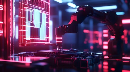 Aufkleber - A robotic arm in a 3D-rendered laboratory assembling a microchip, with 2D holographic data flows representing precision. 4k resolution, Cinematic Scene