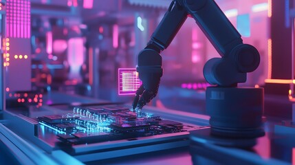 Aufkleber - A robotic arm in a 3D-rendered laboratory assembling a microchip, with 2D holographic data flows representing precision. 4k resolution, Cinematic Scene