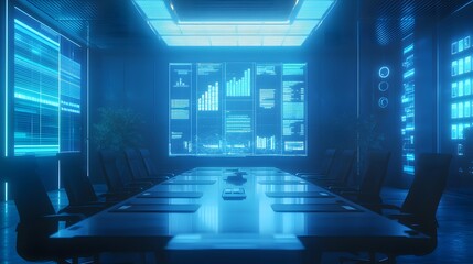 Aufkleber - A conference room with 3D digital charts hovering in mid-air, surrounded by 2D holographic collaborations of team inputs. 4k resolution, Cinematic Scene