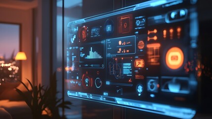 Aufkleber - A smart home interface with 3D holographic controls for lighting and temperature, surrounded by 2D glowing animations of connectivity. 4k resolution, Cinematic Scene