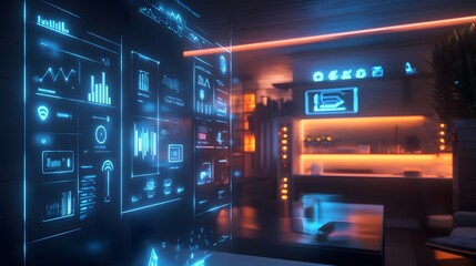 Aufkleber - A smart home interface with 3D holographic controls for lighting and temperature, surrounded by 2D glowing animations of connectivity. 4k resolution, Cinematic Scene