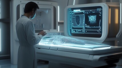 Aufkleber - A healthcare professional using a 3D-rendered holographic medical scanner, with 2D overlays showing patient diagnostics. 4k resolution, Cinematic Scene