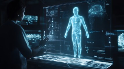 Aufkleber - A healthcare professional using a 3D-rendered holographic medical scanner, with 2D overlays showing patient diagnostics. 4k resolution, Cinematic Scene