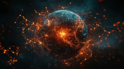  - Abstract representation of a glowing digital globe with interconnected lights and data streams, symbolizing global connectivity and technological advancement in vibrant colors.