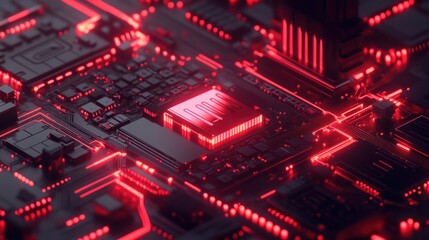 Poster - A close-up of a futuristic circuit board illuminated by red lights.