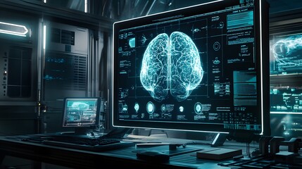 Poster - A 3D-rendered holographic brain scan projected on a medical workstation, with 2D neural network diagrams overlaying the image. 4k resolution, Cinematic Scene
