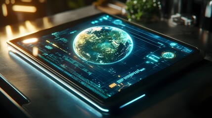 Poster - A sleek tablet displaying a 3D holographic earth model, surrounded by 2D glowing graphs of environmental data. 4k resolution, Cinematic Scene