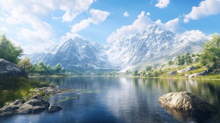 Poster - A beautiful mountain landscape with a large body of water in the foreground